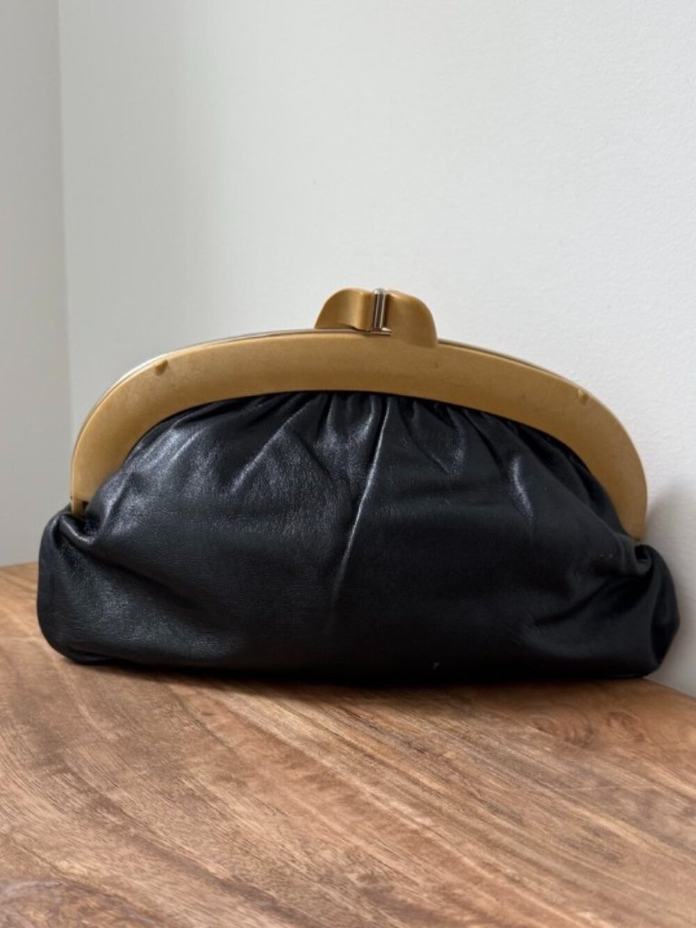 VINTAGE Black Italian Leather Pouch Clutch Bag Lucite Frame Made in Italy